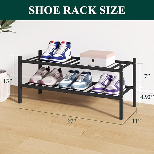 Smiry Bamboo Shoe Rack for Closet, 2 Tier Wooden Stackable Shoe Organizer, Free Standing Shoes Storage Shelf for Entryway, Front Door Entrance, Black - color: Black, size: 2 Tier - Medium