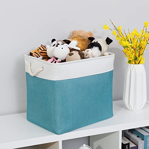 Bidtakay Storage Baskets Extra Large 17x12x15 In Teal Blue Nursery Toy Baskets Fabric Long Shelf Baskets for Organizing Set of 2 Linen Closet Bins for Shelves Decorative Blanket Basket Living Room - color: White&Teal, size: 2 Pack-XL-17x12x15 In
