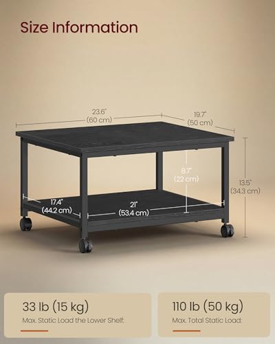 VASAGLE Printer Stand with Locking Wheels, Industrial Mobile Cart, Under Desk Printer Table for Home Office, 23.6 x 19.7 x 13.5 Inches, Storage Shelf, 2-Tier, Ebony Black - color: Ebony Black, size: 2 Tiers/Large