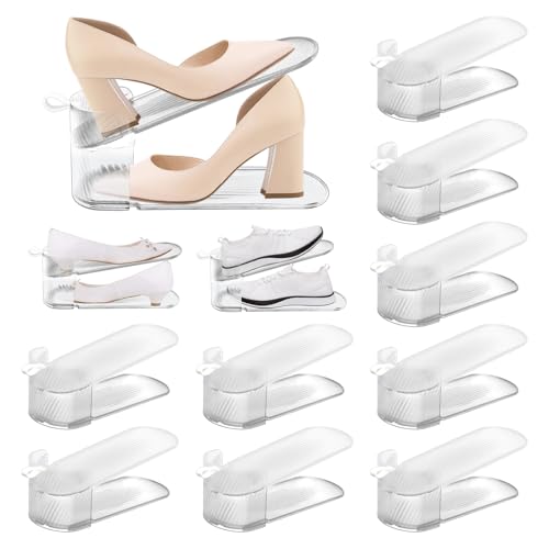 12 Pack Shoe Slot Organizer, Shoe Stackers for a Pair of Shoes, Adjustable Double Layer Stack Shoe Racks Space Saver, Storage Clear Shoe Holder for Closet Organization