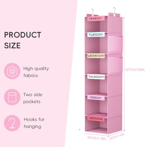 VERONLY Weekly Hanging Closet Organizer for Kids, 6-Shelf Clothes Storage with Labeled Days of The Week Monday Through Friday, Weekday and Weekend, Days of the Week Clothes Organizer - color: Pink