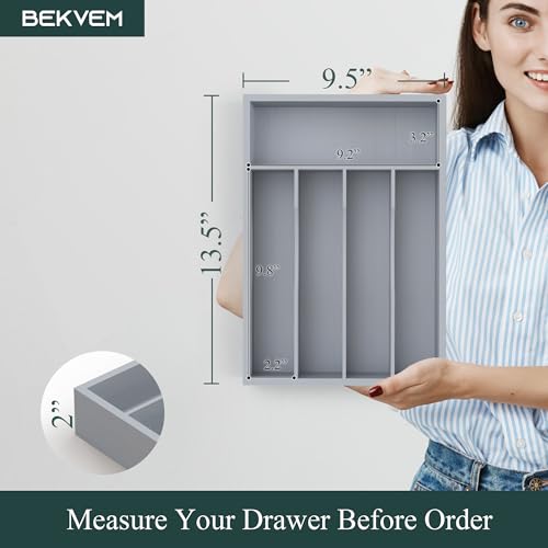 Silverware Organizer, Bamboo Kitchen Drawer Organizer, Utensil Holder, Cutlery Tray & Spoon Flatware Storage with Grooved Drawer Dividers(Grey, 9.5''W x 13.5''D) - color: Grey, size: 9.5''W x 13.5''D