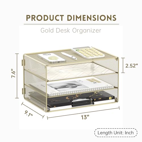 DALTACK 3 Tier Letter Tray Paper Organizer for Desk, Mesh Metal Desk File Organizer with Sliding Trays for Letter/A4 Paper, Mail, Bills & Folders, Yellow - color: Golden Yellow
