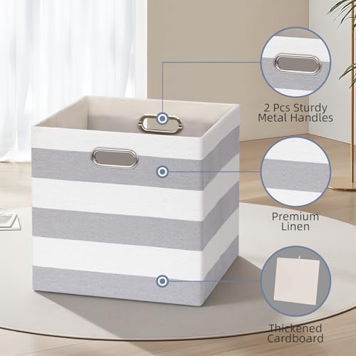 11 x 11 x 11 Inch Storage Bins, Collapsible Fabric Cubes, Cubby Organizer Bins Striped Container Baskets for Home Office Wardrobe Closet Shelf, Pack of 4, Gray/White - color: Gray/White, size: 11"x11"x11"