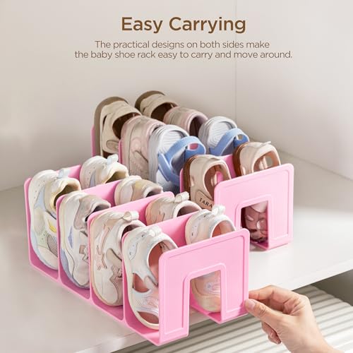 HBlife Pink Acrylic Kids Shoe Rack for Closet Organizers and Storage, Small Shoe Rack 4 Sections Toddler Baby Shoe Storage Organizer Stackable Shoe Shelf,Desk File Sorter Book Purse Organizer(2 Pack) - color: Pink, size: 2 Pack