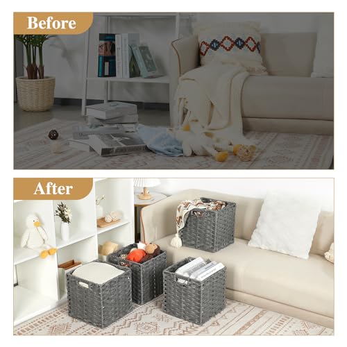DULLEMELO Wicker Storage Baskets for Shelves, Plastic Woven Cube Storage Bins Set of 4, 11x11x11 inch Foldable Wicker Baskets for Shelves,Closet, Clothes, Toys-Grey - color: Woven-Grey, size: 11"-4 pack