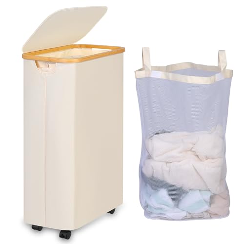 Laundry Basket with Wheels, 75L Beige Clothes Hamper for Laundry, Laundry Hamper with Lid and Inner Bag, for Laundry Room, Bedroom, Dormitory Storage,Beige - color: Beige, size: 75L with Wheels