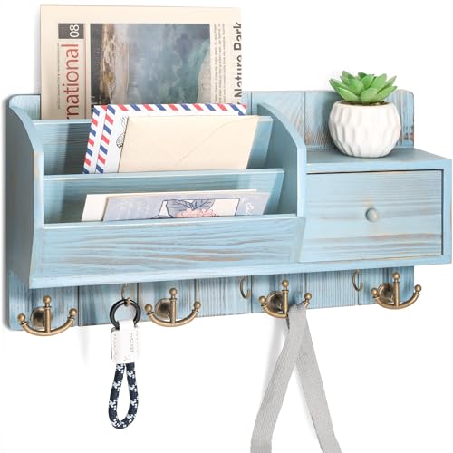 Rebee Vision Key Holder Wall Mount with Mail Sorter - Decorative Mail and Key Organizer for Wall with Hooks and Drawer Organizer - Ideal Storage Solution for Home Improvement (Distressed Blue) - color: Distressed Black