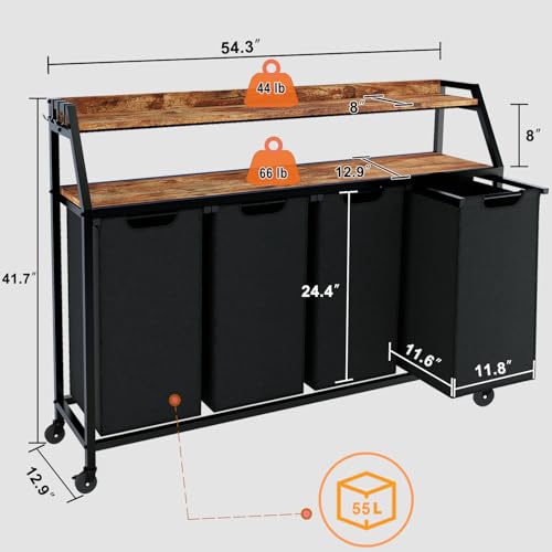 Timberer Laundry Hamper, Laundry Sorter with 4 Section, Rolling Basket with Wheels, 2 Shelves, 4 14.5 Gal, Pull-Out and Removable Oxford Fabric Bags for Laundry Room, Black and Rustic Brown - color: Black + Rustic Brown, size: 4 Bags (54.3"L x 12.9"W x 41