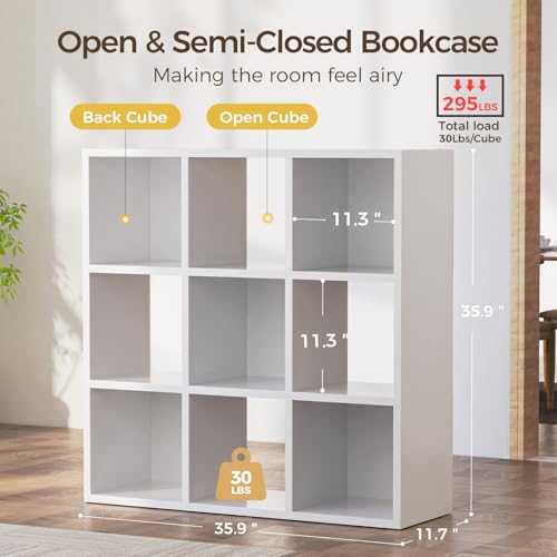 COMHOMA 9 Wood Cube Storage Organizer with Open Back and Removable Back Panels, 11In White Cube Storage Bookshelf, Cubicle Shelf Bookcase for Home Office Bedroom Living Room, Vertical or Horizontal - color: 9 Cube White