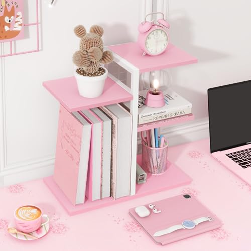 ELITEROO Desktop Bookshelf, Tiered Desk Organizer Shelf, Wooden Tabletop Bookshelf Small Desk Book Shelf, Dresser Top Organization Storage Rack and Desk Decorations for Women Office, Pink - color: Pink