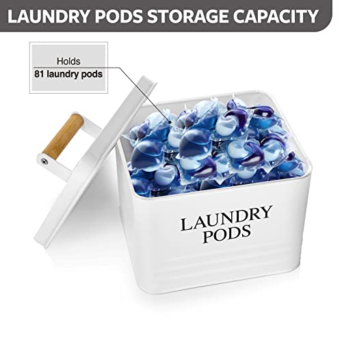 Calindiana Modern Farmhouse Metal Laundry Pods Holder Container with Lid for Laundry Room Decor and Accessories and Space Saving Organization and Storage, Holds 81 Laundry Pods, White - color: White