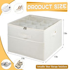 Fabric Shoe Bins with Side Mesh Pocket, Foldable Shoe Storage Organizer Box with Adjustable Dividers Clear Cover Handles Zippers, Stackable Storage Container Box for Closet, Max 16 Pairs, Beige