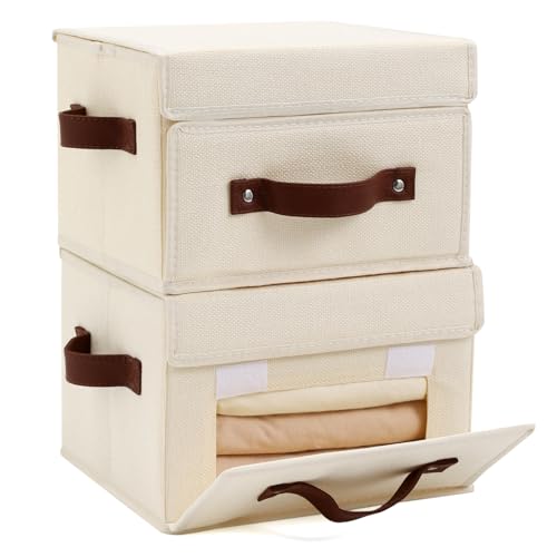 2PCS Storage Bins Box with Lids Front Opening Window Decorative Cotton Linen Fabric Basket PU Leather Handles PP Board Foldable Washable Shelf Closet Organizer Container (Beige, Small) - color: Beige, size: Small ( Pack of 2 )