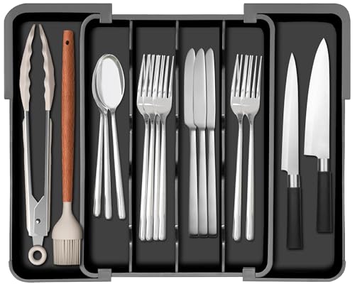 Homecor Silverware Organizer - Expandable Kitchen Drawer Organizer Utensil Holder, BPA Free Flatware and Cutlery Tray for Spoons Forks Knives, Plastic Kitchen Organizer and Storage - color: Black, size: Medium(9.5-15.6"W x 12.3"D)