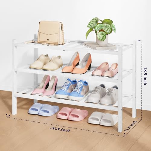 Kitsure Bamboo Wooden Shoe Rack for Closet - Stackable Shoe Organizer with Modular Structure, Space-Saving Shoe Shelf for Entryway, Living Room, Bedroom, 26.8" Wide - 3 Tiers, White - color: White, size: 26.8"Wide - 3 Tiers