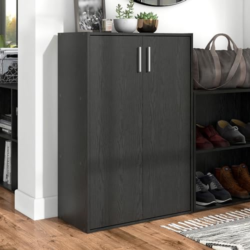 Homes: Inside + Out Apexa 3-Tier Stackable Wood Bookcase with Doors, Cube Storage Organizer Shelves, Small Food Pantry Cabinet, Dorm Teen Room Decor & Bedroom, Home Office, Kitchen, Black - color: Black, size: 3-Tier