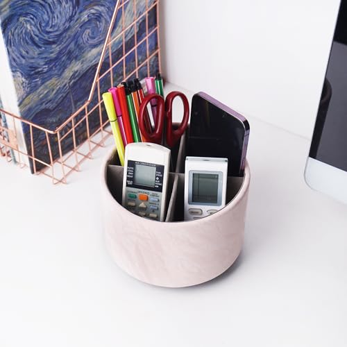 Hennaja Round Leather Art Supply Organizer,Remote Control Holder,360 Degree Spinning,Multi-Functional Pencil Holder,4 Compartments Desktop Stationary Organizer(1-Hill Pink) - color: 1-Hill Pink