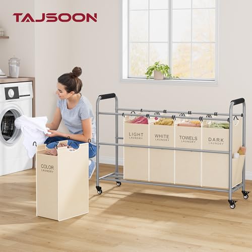 Tajsoon Laundry Sorter 5 Sections, Laundry Hamper with Heavy Duty Lockable Wheels and Removable Bags, 5 Bag Rolling Laundry Sorter Cart for Dirty Clothes Storage, Laundry Separator Hamper, Beige - color: Beige