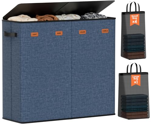Laundry Hamper 4-Section with Lid, 185L Laundry Sorter with 4 Removable Bags + 1 Extra Large Bag, Switchable 3/4 Compartment, Laundry Basket Organizer for Bedroom, Laundry Room，Navy Bule - color: Navy Bule, size: 185L - 4 Section