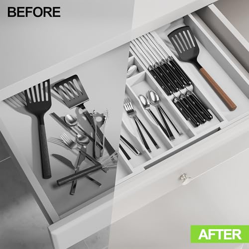 Bamboo Kitchen Drawer Organizer, Expandable Silverware Organizer with Removable Knife Block, 6-8 Slots- Utensil Holder & Cutlery Tray Drawer Dividers, 2.36" Deep for Extra Capacity, White - color: White