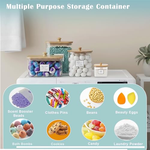 4 packs Laundry Pod Containers for Storage & Organization, Solution featuring Powder Laundry Detergent Container & dryer sheets with bamboo lids and labels. Includes scoops for powder and detergent.