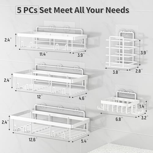 Liuoud 5 Pack Shower Caddy Organizer Rack Shelf for Inside Shower, Self Adhesive Wall Storage Basket Rustproof Stainless Steel Shampoo Holder Bathroom Accessory Decor Set, White - color: White