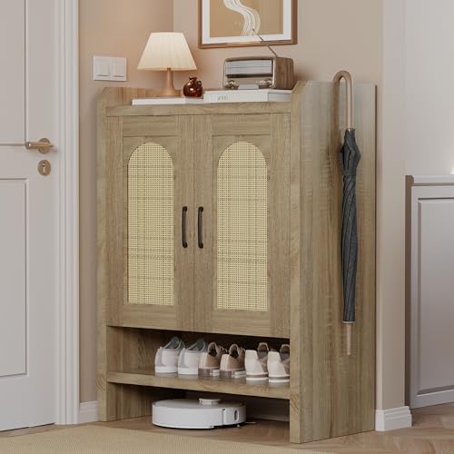 Mericonia 6-Tier Shoe Cabinet Storage for Entryway, Rattan Shoes Organizer Cabinets with Doors, Wooden Shoe Rack, Farmhouse Boho Wood Storage Cabinet (Natural, 6-Tier) - color: Natural, size: 6-tier