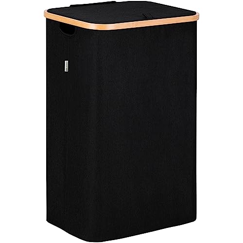 LONBET Laundry Basket with Lid, Made from Breathable Fabric | Aesthetic Clothes Hampers for Laundry with Side Handles & Sturdy Bamboo Frame (26 Gallons - Single, Black) - color: Black, style: 26 Gallons - Single