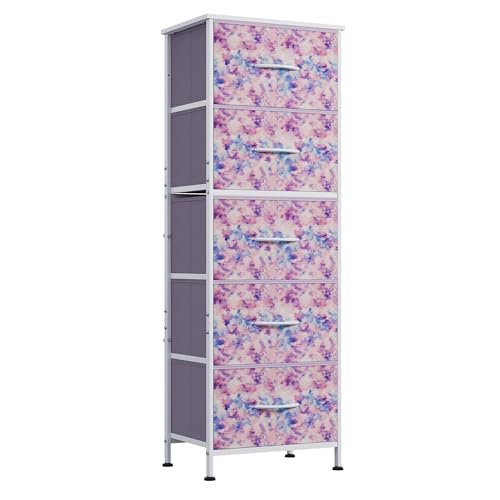 WLIVE Fabric Dresser, 5-Drawer Tall Dressers for Bedroom, Storage Dresser Organizer with Fabric Bins, Wood Top, Sturdy Steel Frame, Chest of Drawers for Closet, Tie-dye Print (Pink, Purple, Blue) - color: Tie-dye Purple Print