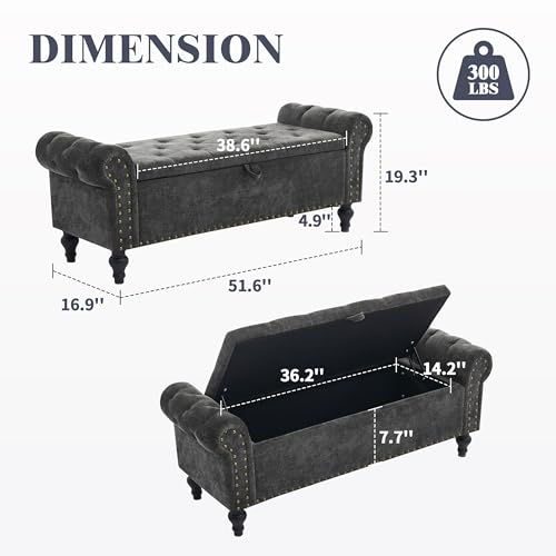 51" Storage Ottoman Bench, End of Bed Bench for Bedroom, Chenille Upholstered Benches for Foot of Bed, Window Benches, Storage Ottomans for Living Room, Entryway, Dark Gray - color: Darkgray