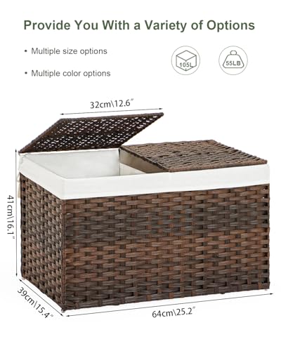 SETVSON Storage Basket with Lid Rattan Storage Basket with 2 Separate Lid, 27.8 Gallon (105 L) 25.2 * 15.4 * 16.1 Inches Woven Wicker Baskets with 2 Liners and Handles for Bedroom Laundry-Brown - color: Brown, size: 105L-25.2L*15.4W*16.1H
