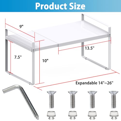 Expandable Cabinet Countertop Shelves, 9" Deep Cabinet Shelf Organizer Riser for Kitchen Pantry Cupboard Under Sink Countertop Organization Storage, Adjustable Metal Organizer Shelf with Nonslip Legs - size: 9"D*10''H*(14"~26")W