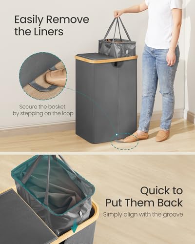 SONGMICS Laundry Hamper with Lids, Laundry Basket with 2 Compartments, 39 Gal. (150 L), Removable Liner Bag, for Laundry Room, Bedroom, Living Room, Slate Gray and Light Bamboo ULCB523G01 - color: Slate Gray, size: 150L (2-Section with Double Lid)