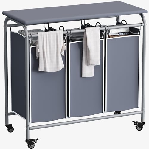 LINZINAR 3 Bag Laundry Basket Sorter Heavy Duty Rolling Lockable Wheels Laundry Hamper Cart with Ironing Board and Removable Bags, Grey - size: 3 Bags Grey with Board