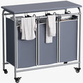 LINZINAR 3 Bag Laundry Basket Sorter Heavy Duty Rolling Lockable Wheels Laundry Hamper Cart with Ironing Board and Removable Bags, Grey - size: 3 Bags Grey with Board