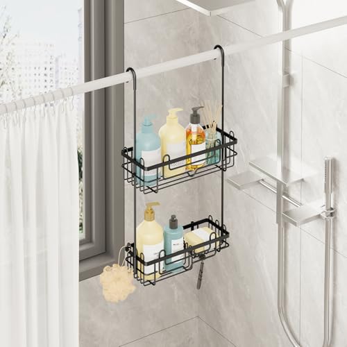 Consumest Over the Door Shower Caddy - 2-Tier Hanging Shower Organizer with Soap Holder, Rustproof Bathroom Storage and Organizer Rack for Shampoo, Towels, and Toiletries, Black - color: Black, size: 2 Tier-Shower Door