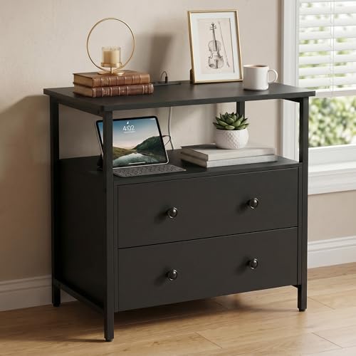 Edbuosy 27 inch Wide Night Stand with Charging Station, Bedside Table with Open Shelf, 2 Drawers Small Wood Dresser, Modern Wood Nightstand for Bedroom/Living Room (Black) - color: Black, size: 2 Drawers