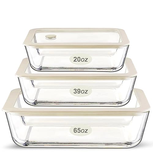 Urban Green Glass Food Container Set with Glass Lid, 3 Pack, Meal Prep Containers with Silicone Framed Airtight Lid, Leakproof, 100% Plastic Free, - color: White Sand-SQ