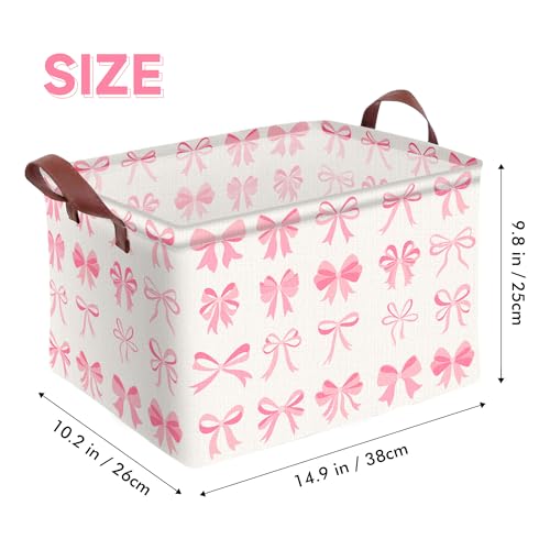 Pink Bow Decor Storage Basket Waterproof Canvas Toy Storage Bin Coquette Room Decor Collapsible Outdoor Basket with Leather Handles Pink Blanket Baskets For Closets,Bedrooms,Gifts Baskets - color: Pink Bow Decor
