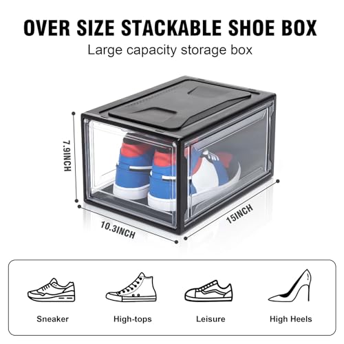 12 Pack Shoe Boxes, Clear Acrylic Plastic Shoe Boxes Stackable, Space-Saving Foldable Drop Front Shoe Storage Boxes Container for With Lids Fits Up to Size 15 (Dark Black) - color: Dark Black