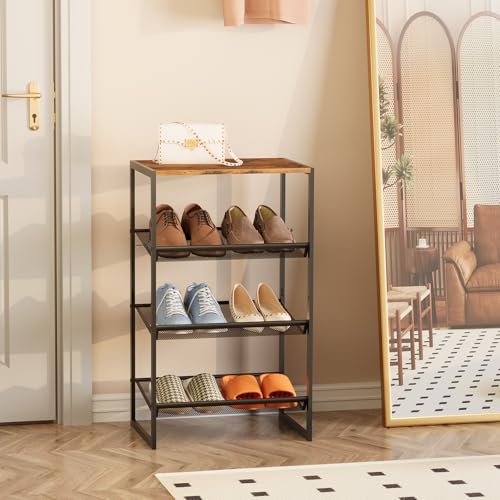 Garden 4 you Shoe Rack for Closet Narrow 4 Tiers, Small Shoe Rack with Brown Wooden Tabletop, Adjustable Metal Shoe Shelf for Closet Entryway Hallway Living Room - color: Brown, size: 4-Tier