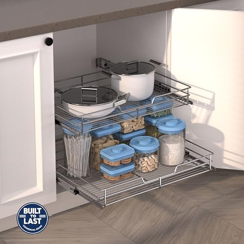 JOWBOOW (26" W x 22" D 2-Tier Cabinet Roll Out Shelves | Extra Wide Slide Out Drawers for Kitchen Cabinets, Heavy Duty Pull Out Cabinet Organizer 22 Inch Deep - size: 26 x 22 Inch