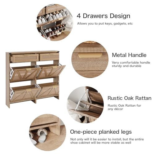 Halitaa Shoe Cabinet with 4 Flip Drawers & 2 Drawers,Farmhouse Shoe Storage Cabinet for Entryway,Slim Freestanding Organizer Rack for Front Door Entrance,Rustic Oak Rattan - color: Rustic Oak Rattan, style: 4-Drawers
