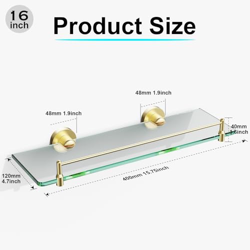 Glass Bathroom Shelves,Brushed Gold Floating Shelves for Wall Rectangular Modern Stainless Steel Glass Shelf for Bathroom Shelves Wall Mounted 16 Inch - color: Brushed Gold, size: 16"with railing