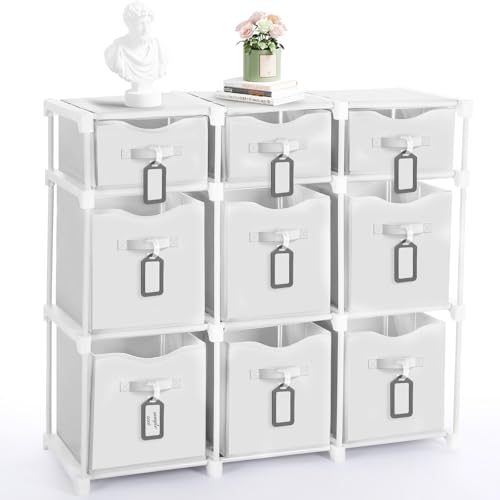 9 Cube Storage Organizer Shelf with Storage Bins and Label, 11 Inch Toy Cube Bins Clothes Closet Organizers Drawers Fabric Dresser for Living Room, Bedroom, Playroom, Dorm(White) - color: White