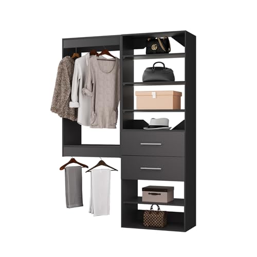 ROOMTEC Modular Closet System, 49" Wall Mounted Closet Organizer with Hanging Rods and Drawers, Wooden Tower for Walk-In Closets, Wardrobe Storage Kit, Black - size: 49" Wide, style: Model 14