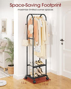Sakugi Heavy Duty Premium Clothes Rack with 2-Tier Mesh Shoe Shelves & 4 Hooks, Lockable Wheels, Space-Saving, Multi-Functional for Bedroom, Entryway, Closet, Modern Design, 18.4" x 12.6" x 72", Black - color: Black