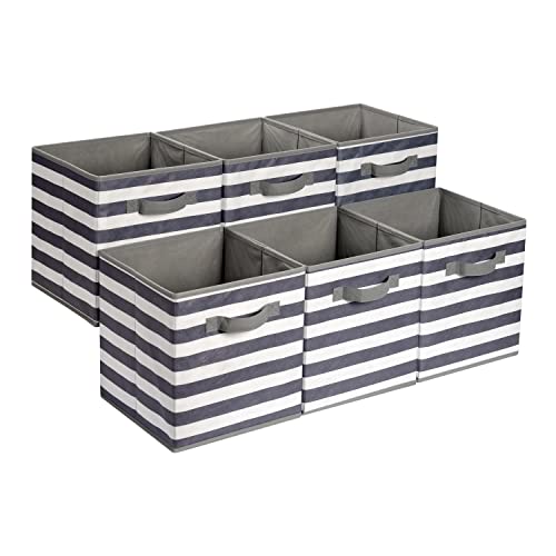Amazon Basics Collapsible Fabric Storage Bins with Handles, Cube Organizer for Organizing, 13"x13"x13", White/Light Grey Stripe, 6-Pack - color: White/ Light Grey Stripe, size: 13"x13"x13"