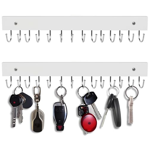 2Pack Key Holder Wall Mount with 28 Rotating 180° Key Hooks, 14.6" Rustproof Organizer Hanger for Apartment Decor, Wall Storage Rack for Entryway, Living Room, Hallway, Bathroom, Kitchen(White) - color: White